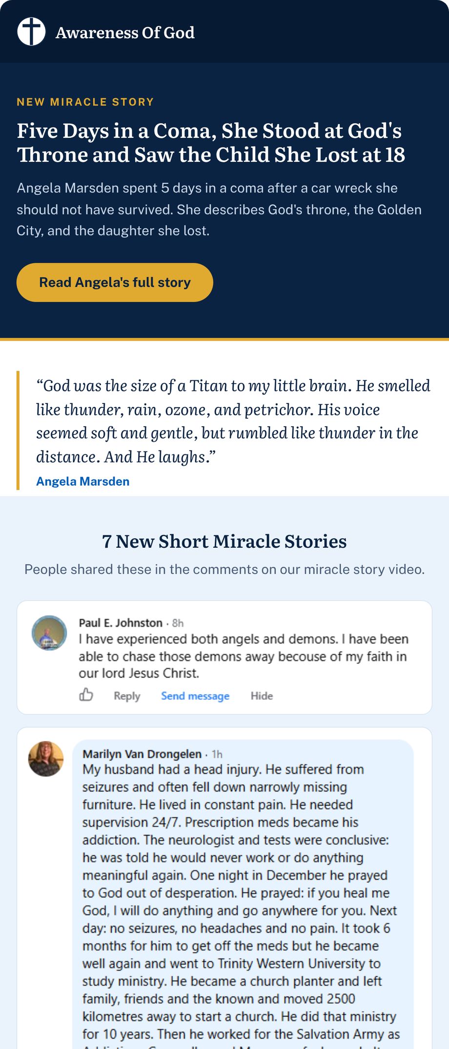 An example of our newsletter email: a new miracle story with a quote from it, followed by the new short miracle stories.