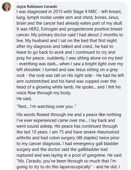 Joyce Robinson Ceraolo's miracle story shared March 19th 2025.
