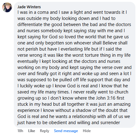 Jade's miracle story shared May 2025.