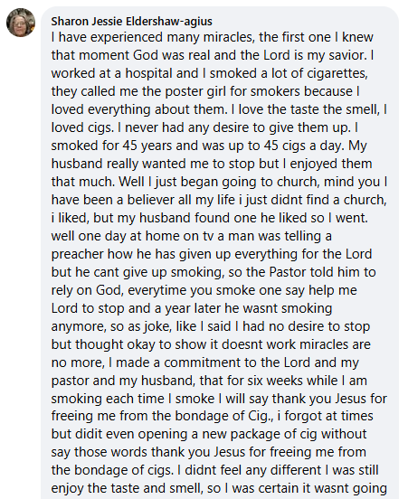 Sharon's miracle story, shared with me in January 2026.